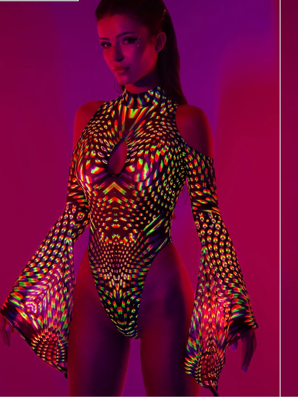 Rave wear cold-shoulder holographic pattern bodysuit with flare sleeves